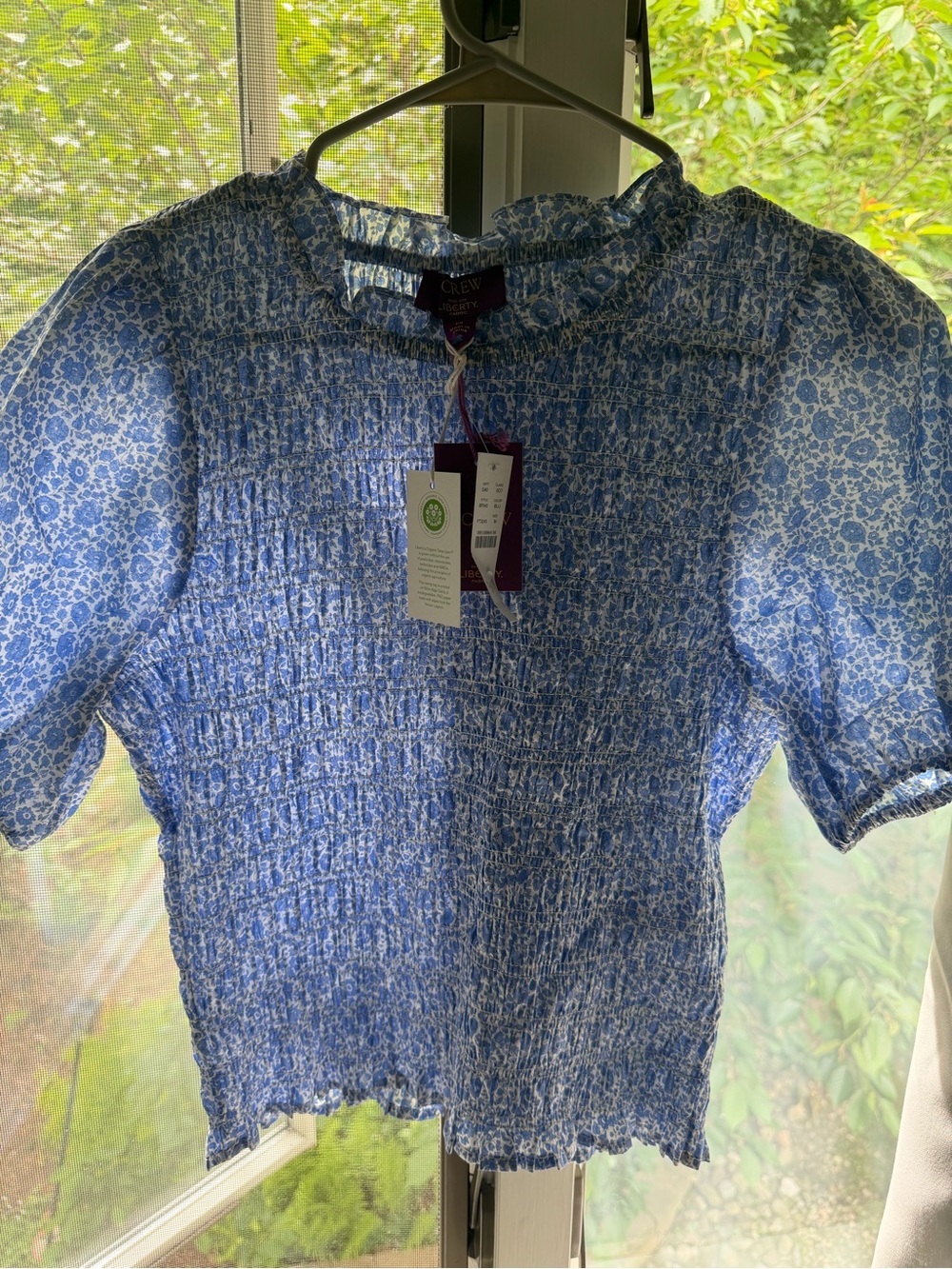 J. Crew Blue Floral Smocked Puff Sleeve Blouse